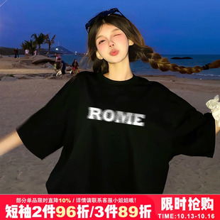 vintage宽松设计感字母印花黑色短袖t恤bf风男女款情侣装半袖上衣