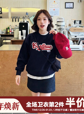 vintage宽松复古美式重磅街头设计感字母藏蓝色圆领卫衣女休闲潮
