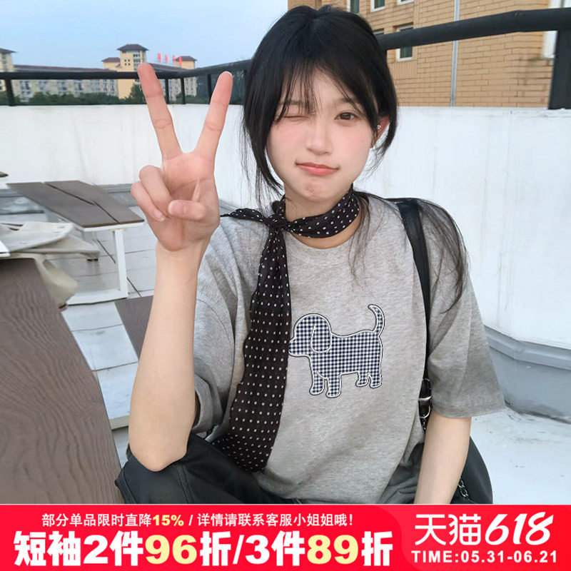 chic小众慵懒风格子狗狗印花纯棉灰色短袖t恤女重磅半袖上衣内搭