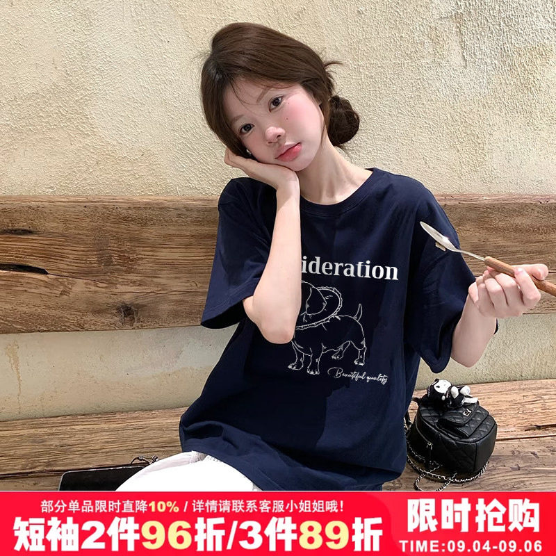 oversize慵懒风小众盐系减龄卡通狗狗印花复古正肩藏蓝色短袖t恤