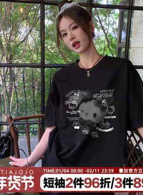 盐系chic宽松甜酷设计感凯蒂猫印花黑色短袖t恤女oversize春夏新