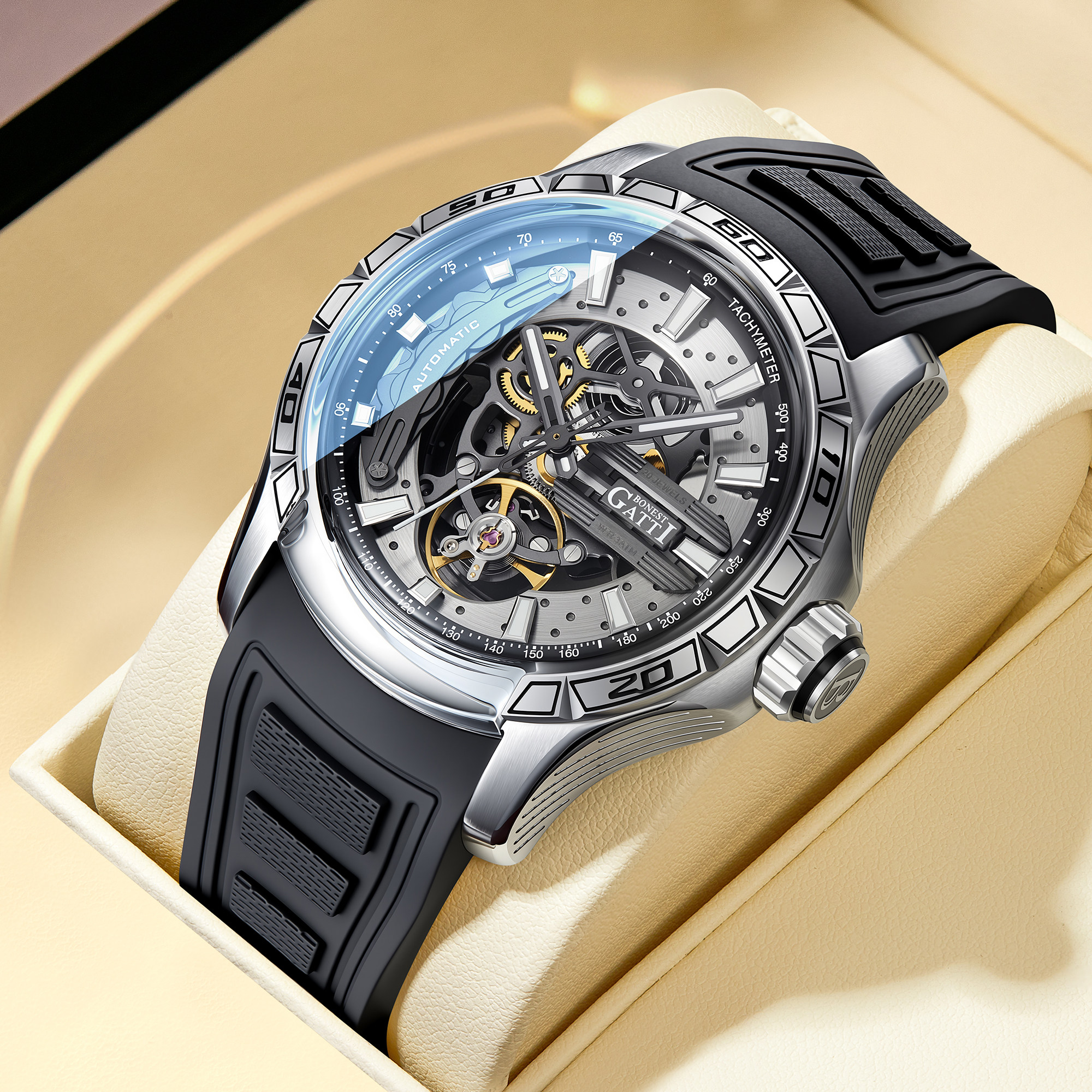 德国布加迪男士商务镂空机械手表