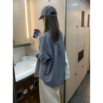 美式复古蓝色格子衬衫外套女2025夏季新款慵懒衬衣宽松长袖上衣潮