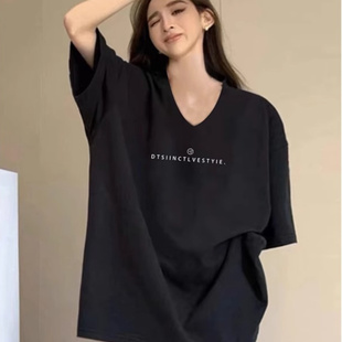 黑色纯棉V领短袖T恤女2025年夏季新款宽松显瘦中长版下衣失踪上衣