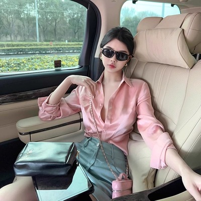 粉色缎面衬衫女2025春季新款法式高级感气质叠穿内搭长袖衬衣上衣