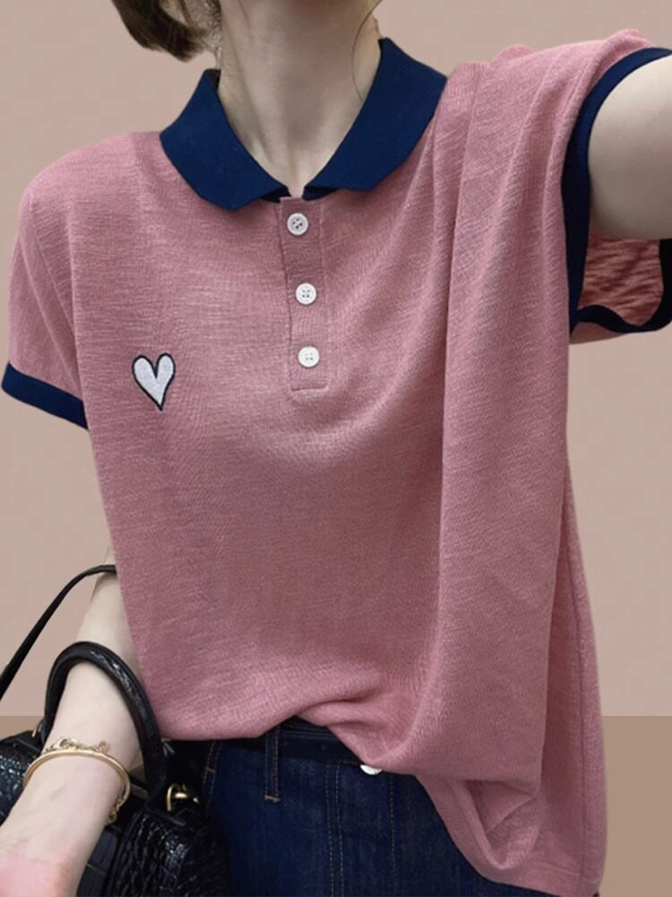 冰丝针织POLO领短袖T恤女夏季薄款洋气减龄大码撞色正肩体恤上衣