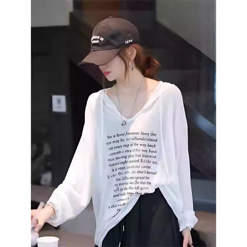 白色连帽长袖t恤女2025夏季新款欧货宽松洋气慵懒风防晒罩衫上衣