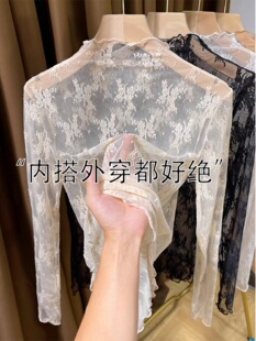 欧洲网眼蕾丝半高领女底衬衫秋天韩国风格修身大衣与优雅的小衬衫