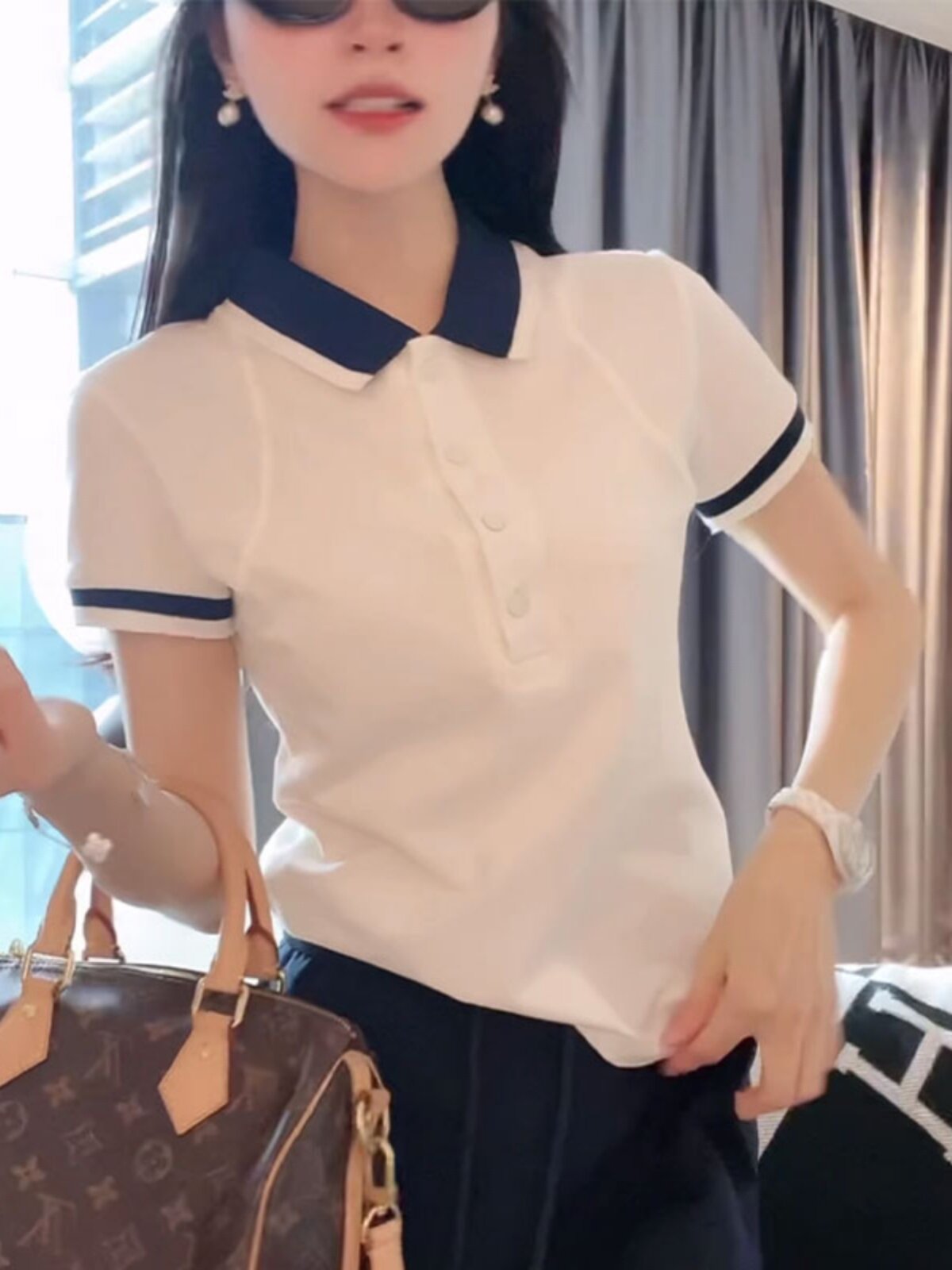 白色翻领短袖T恤女2024夏季新款宽松显瘦时尚百搭撞色POLO衫上衣