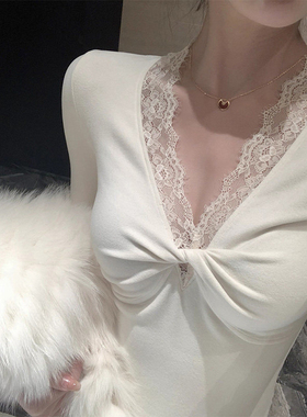 白色V领蕾丝拼接打底衫女春季2026新款纯欲辣妹风内搭长袖T0203r1