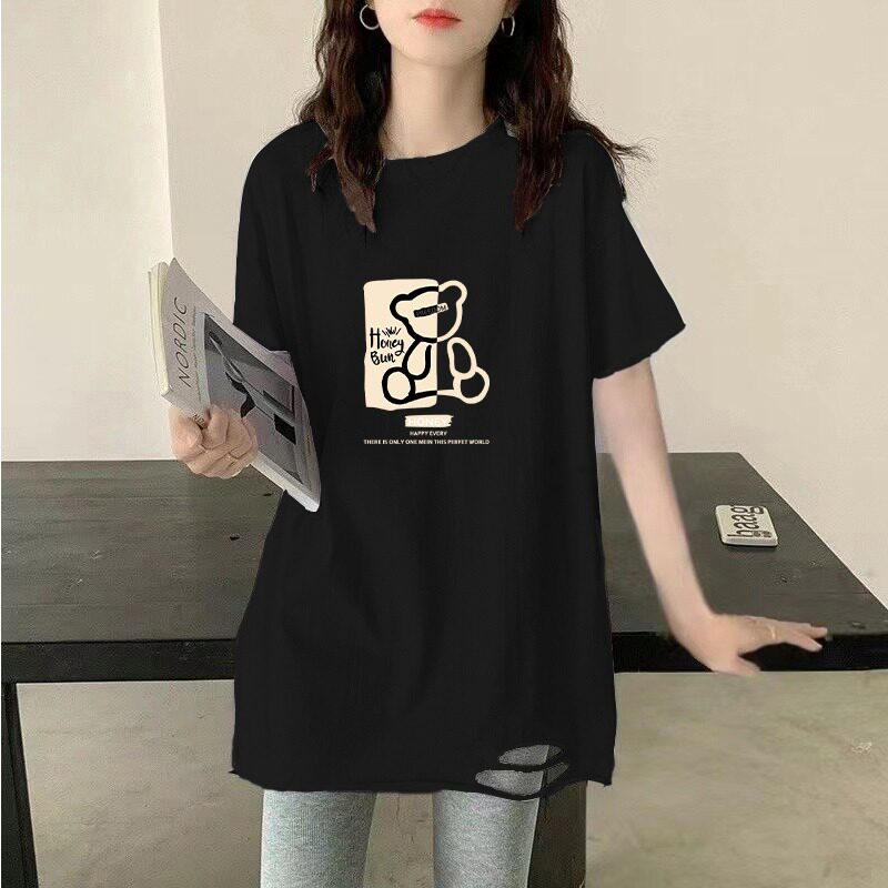 黑色正肩印花短袖T恤女2026春夏新款韩版宽松破洞中长版圆领上衣