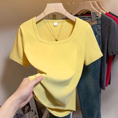 欧货方领正肩短袖 胖MM显瘦U领0202r 气质大尺码 T恤女2026夏季 新款