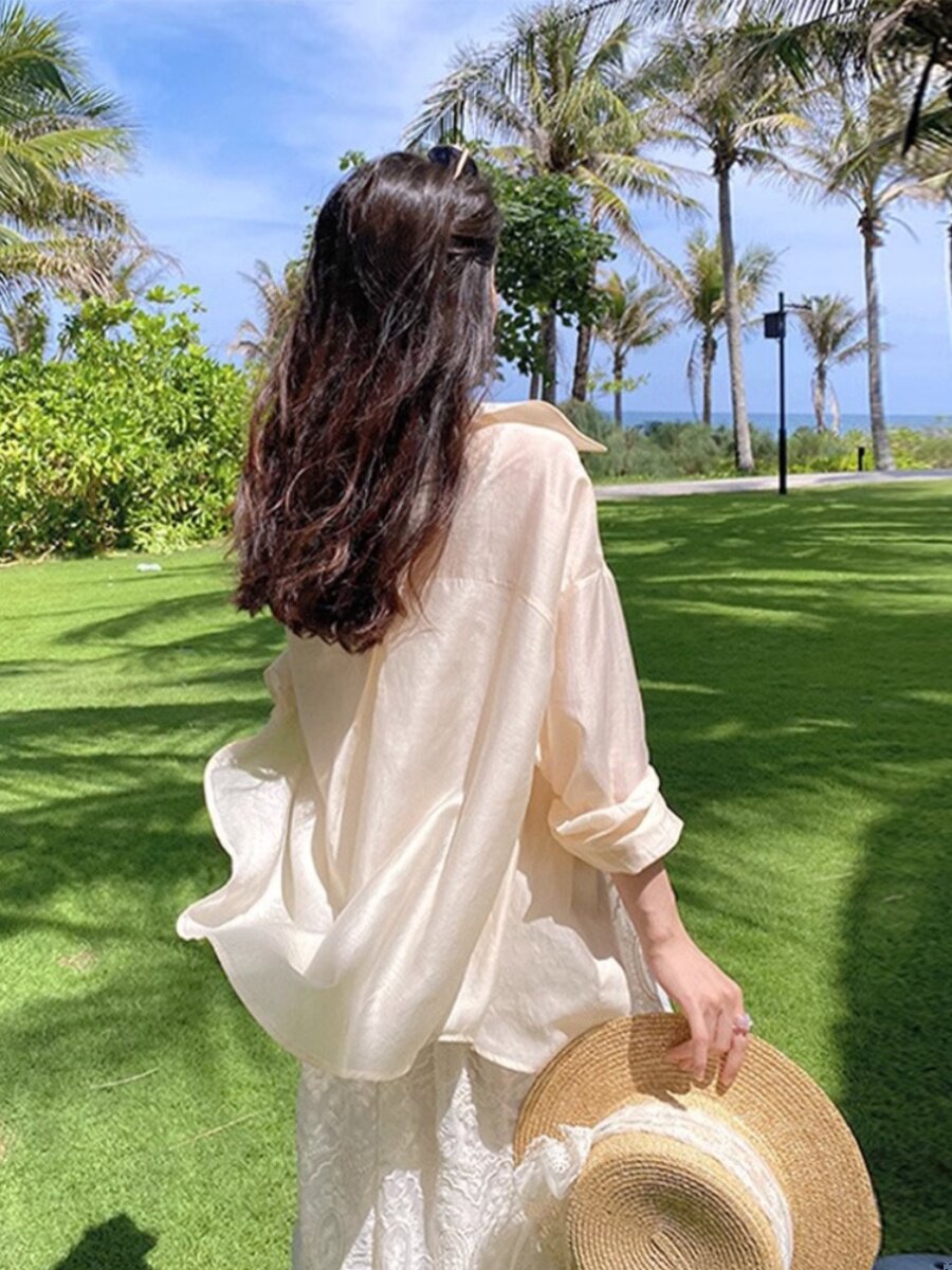 冰丝polo领长袖衬衫女装2025夏季流行单品薄款防晒开衫中长款上衣