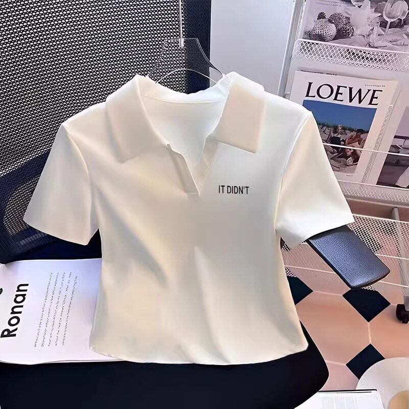 白色POLO领正肩短袖t恤女士2025夏季新款修身显瘦小个子体恤上衣