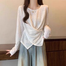 冰丝竹节棉正肩长袖T恤女2025夏季新款大码防晒罩衫不规则上衣