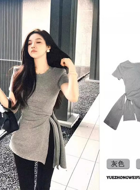 灰色正肩短袖T恤女夏季纯欲辣妹中长版收腰系带开叉圆领T恤0203r1