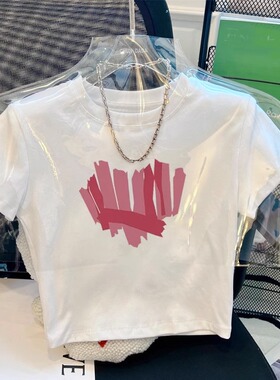 白色正肩印花短袖T恤女夏季泰式多巴胺穿搭高腰短款露脐T恤0203r1