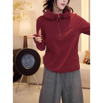 双面德绒半拉链连帽卫衣女装2025新款冬季加厚保暖内搭打底衫上衣