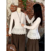 白色下摆蕾丝花边拼接打底衫 T恤0202r 显瘦内搭长袖 女春季 辣妹修身