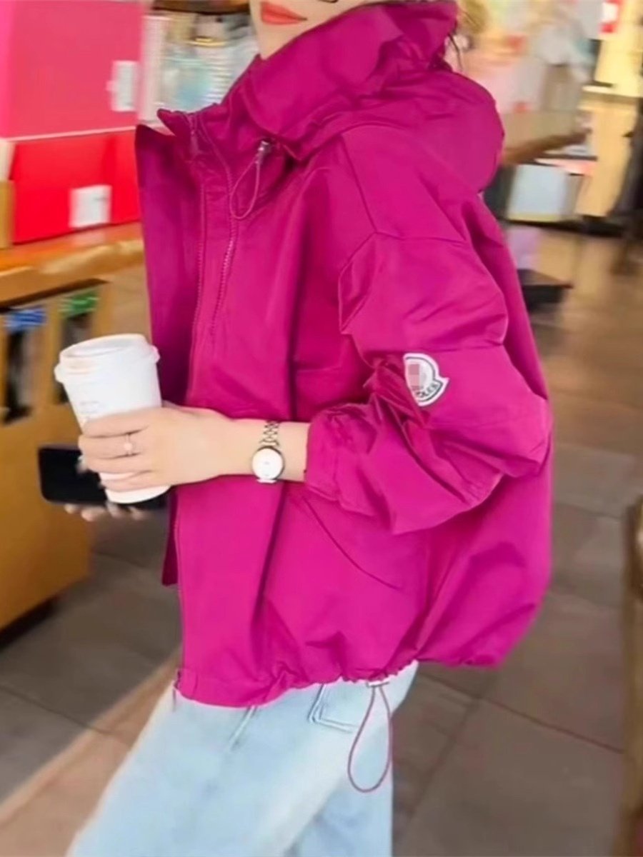 火龙果色连帽冲锋衣外套女夏季美式宽松休闲户外防晒风衣夹克上衣