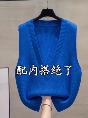 克莱因蓝色针织马甲背心女2025新款秋季穿搭叠穿V领无袖背心上衣