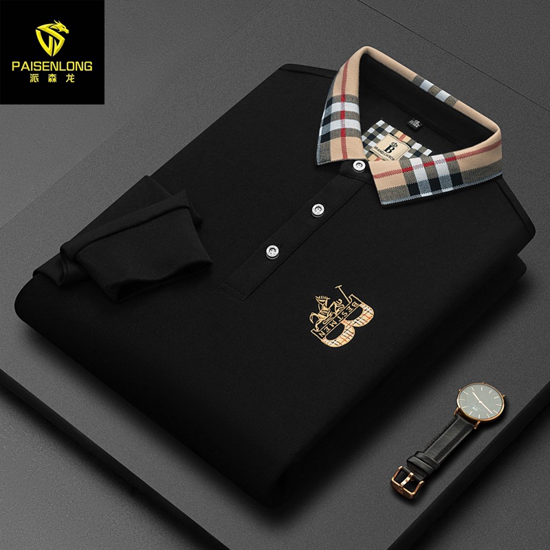 2025秋冬伦巴宝利娇中年男士长袖卫衣休闲款纯色刺绣翻领上衣男装