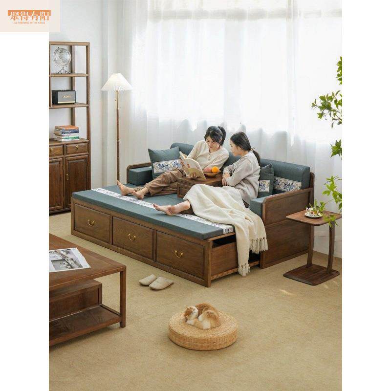 新中式两用实木罗汉床推拉储物柜带抽屉收纳沙发床一体客厅组合收