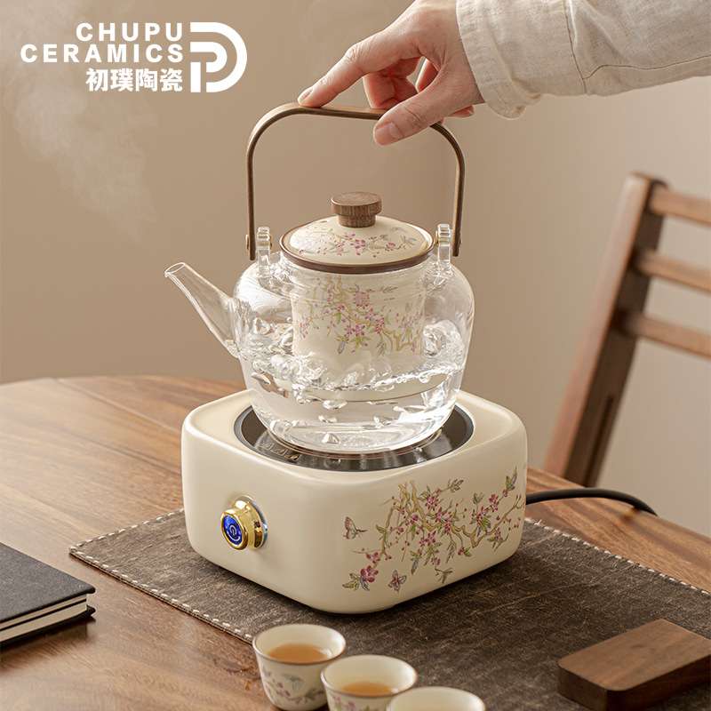 初璞汝窑紫藤花提梁煮茶壶玻璃蒸煮茶器电陶炉泡茶壶家用茶具套装