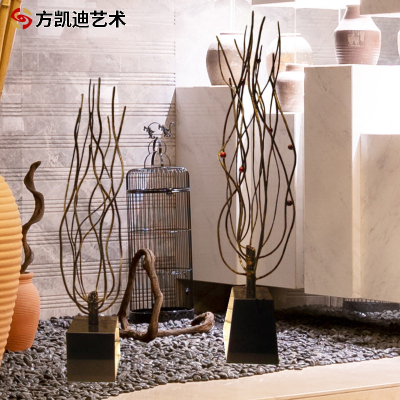 新中式铁艺古铜落地雕塑发财树室内厂家扭曲小品工艺杆支金属摆件