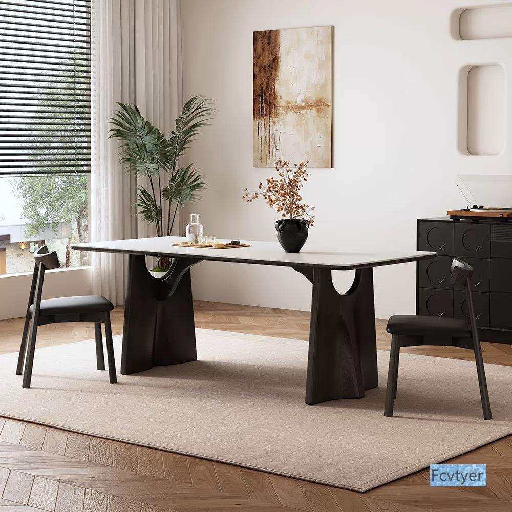 复古简约实木餐桌小户型家用中古风桌子长方形岩板餐桌椅子一套