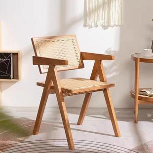 高品质藤编扶手椅藤编榫卯椅家用民宿藤椅简约北欧实木昌迪加尔椅