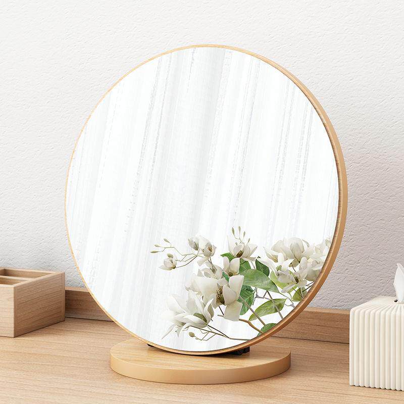 化妆镜台式桌面镜折叠宿舍便携大号网红圆形木制复古梳妆台镜子