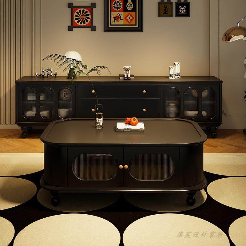 法式电视柜茶几组合中古风客厅影视柜奶油轻奢实木储物柜玻璃新品