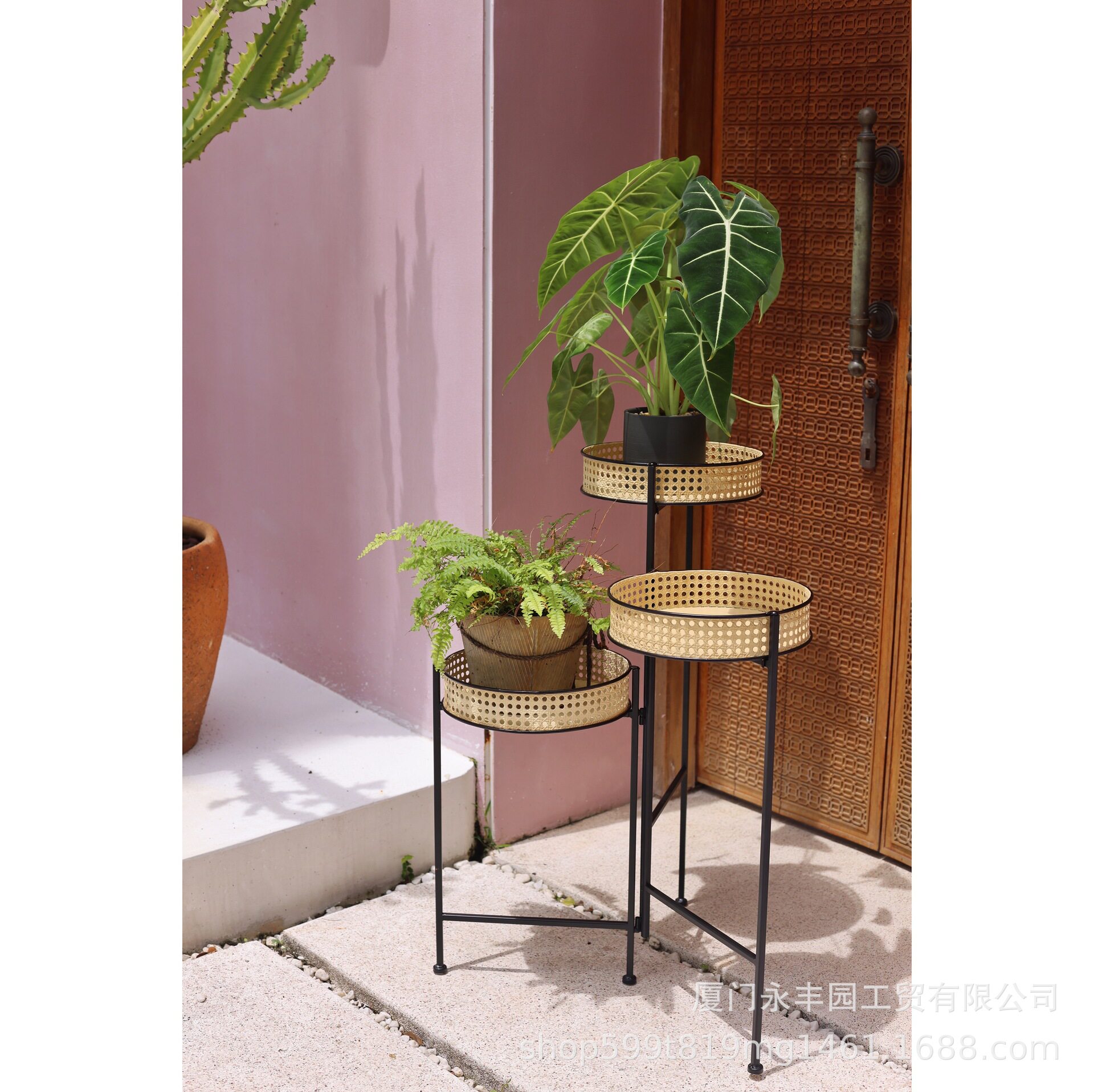 嘻物所极简约艺术铁艺客厅花架仿藤编现代客厅可折叠设计花几沙发