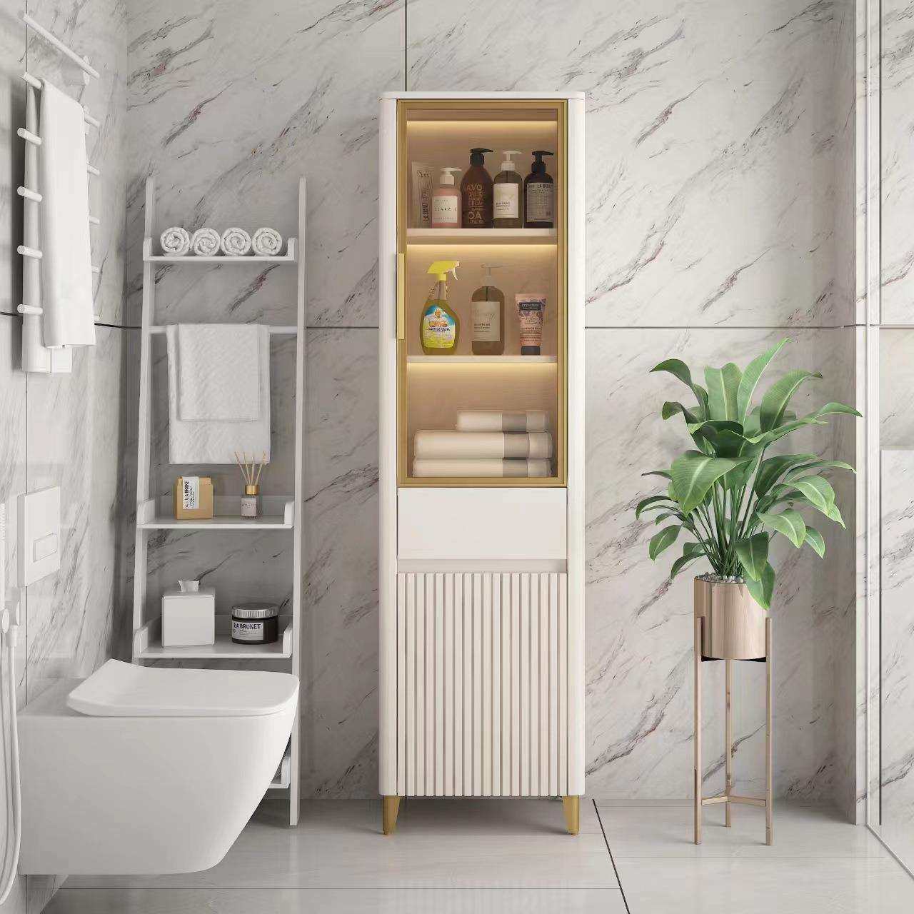 轻奢感应灯光浴室边柜实木侧柜完防水立柜置地卫生间储物收纳柜