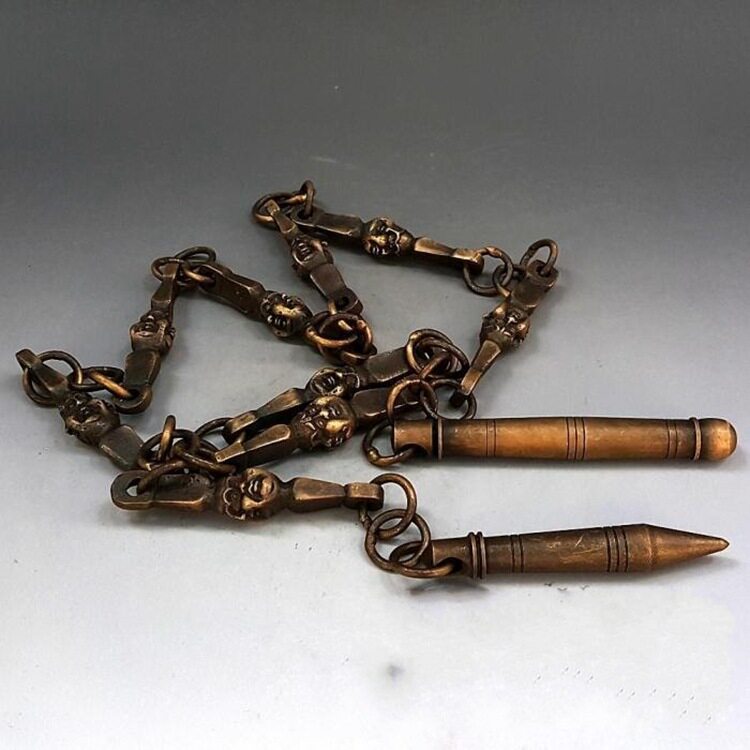 仿古纯铜佛头九节鞭摆件武术鞭练功鞭古玩杂项铜器收藏工艺品装饰