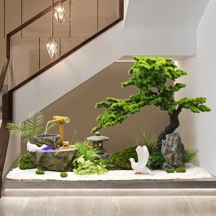 室内景观造景水景观流水摆件循环水新中式庭院茶室迎客松绿植流水