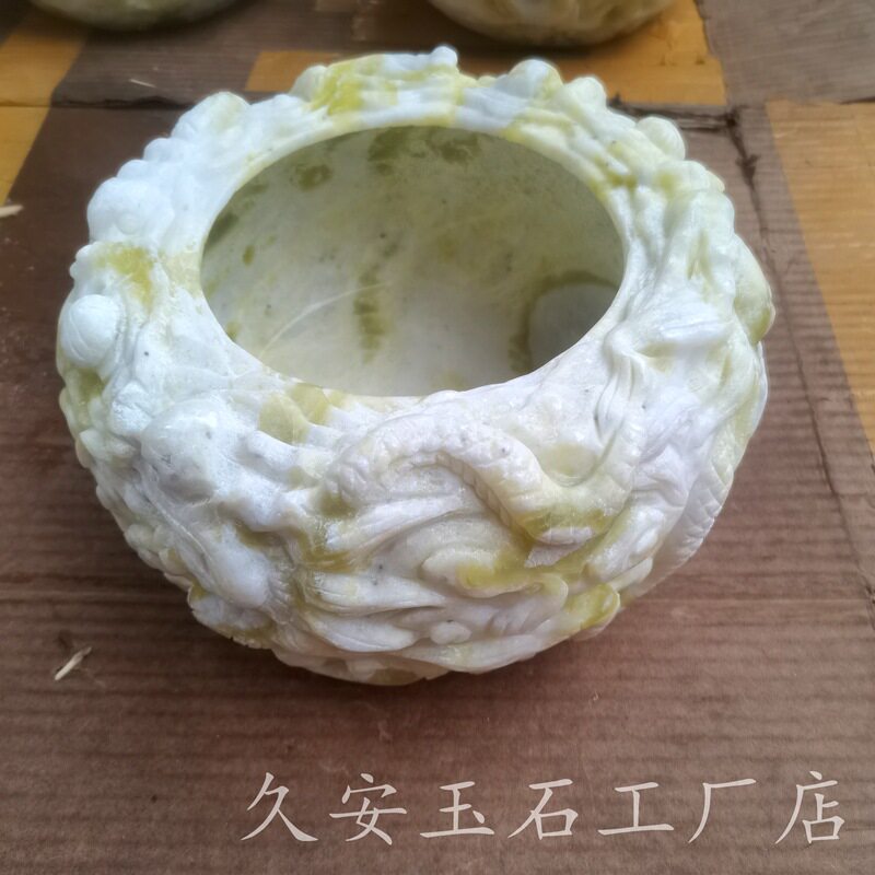 蓝田玉双龙大鱼缸摆件 雕刻双龙戏珠蓝田玉大鱼缸家居装饰品摆件