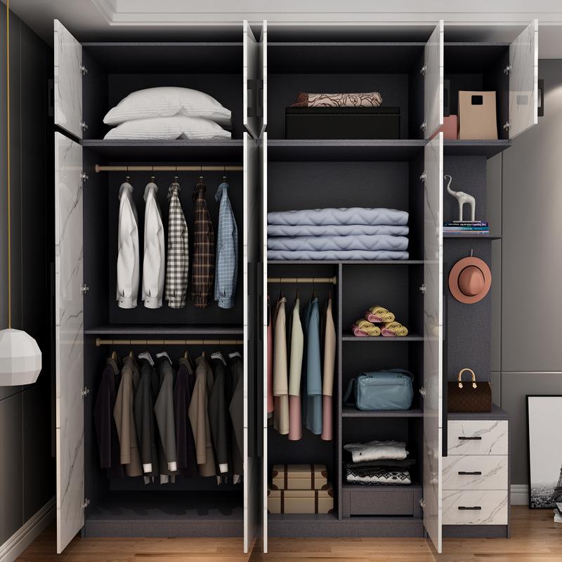 玻璃门衣柜卧室家用现代简约木质收纳柜子整体轻奢平开门主卧衣橱