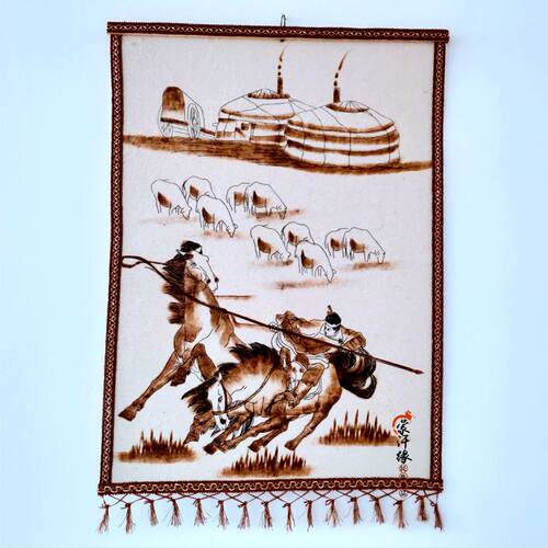 蒙古毡画 内蒙古特色工艺品蒙古包挂画装饰画蒙古族烫画手工烙画