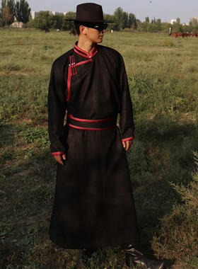 蒙古袍男装日常长款黑色男士演出服蒙族服装舞台表演服饰