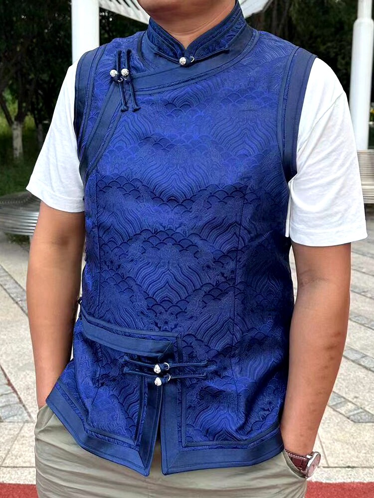 ETHNIC CHARACTERISTICS: MENS HANDMADE VEST MONGOLIAN TRADITIONAL HIGH-GRADE LINING SHOULDER BLUE WHITE REVERSIBLE VEST