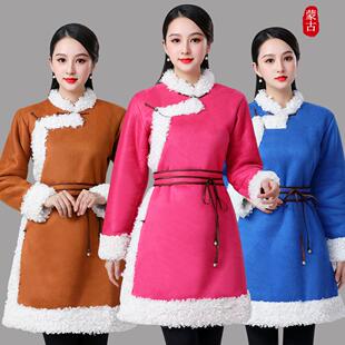 蒙古服装女士棉衣中长现代改良蒙古袍秋冬新品皮毛一体保暖外套