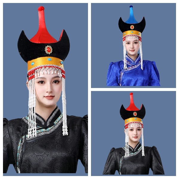 蒙古族女士民族舞蹈演出服蒙古袍帽子头饰原创高端精致时尚