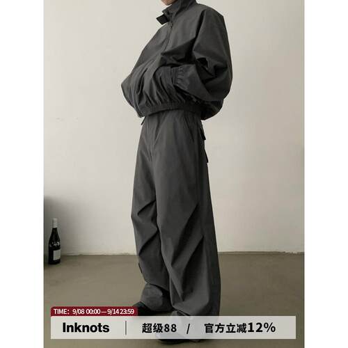 INKNOTS美式复古抗皱廓形伞兵裤男女宽松阔腿休闲机能风运动长裤