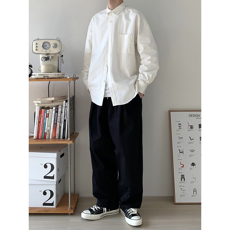 320g重磅白色长袖衬衫春秋季男生纯色衬衣外套纯棉休闲上衣暗物质