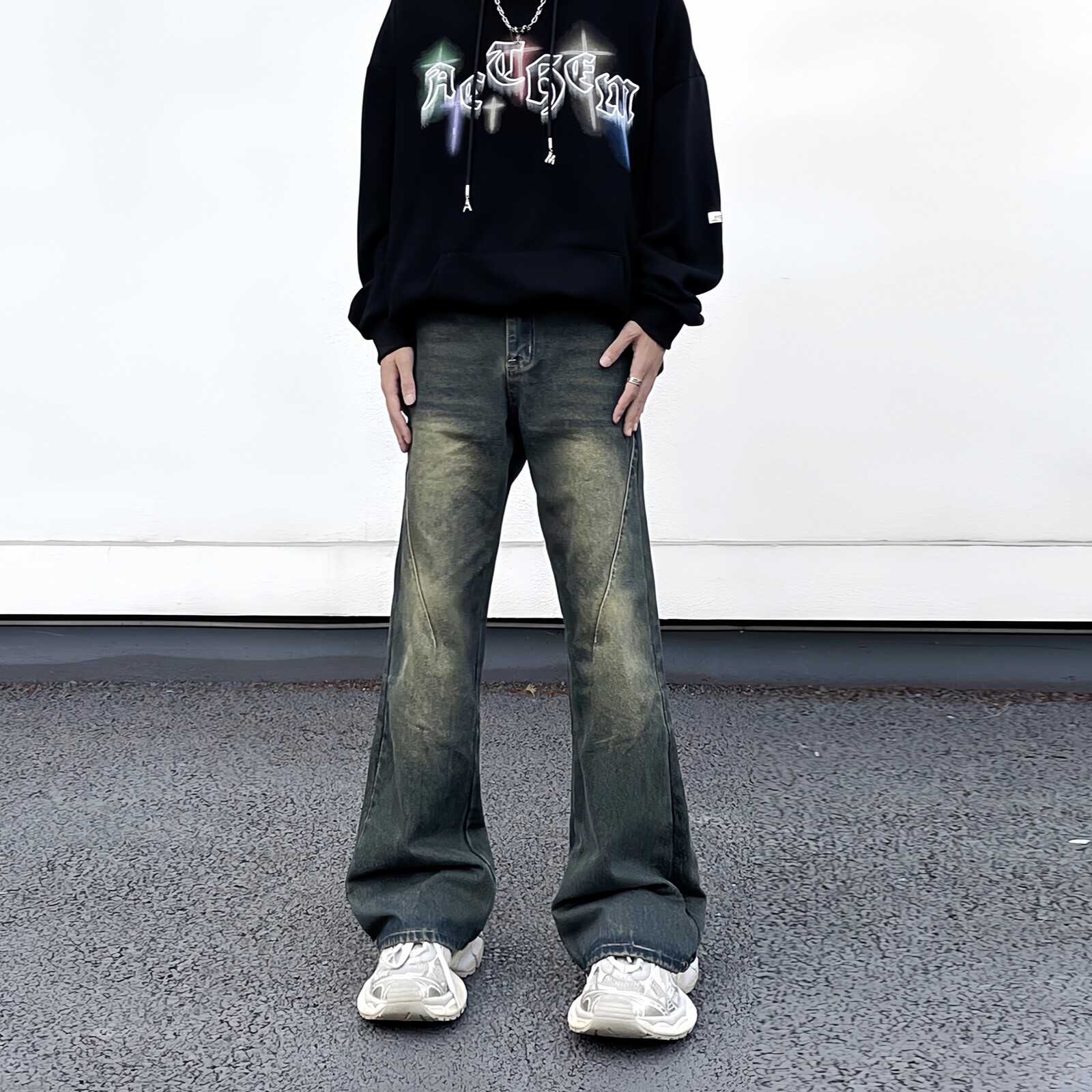 高街美式复古水洗做旧牛仔裤男直筒微喇cleanfit显瘦潮牌痞帅裤子