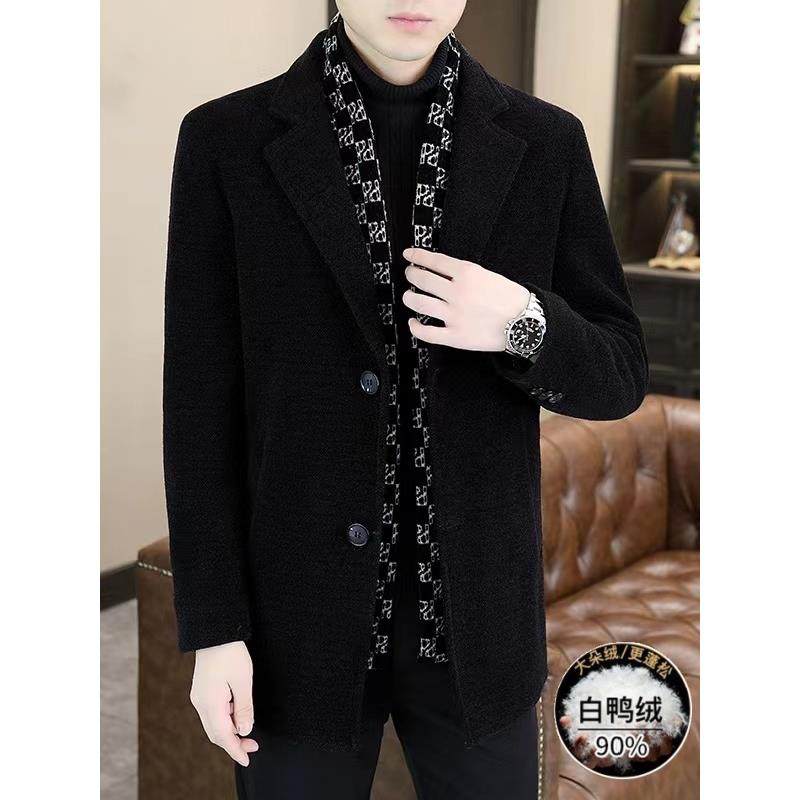毛呢外套男中长款加厚羽绒呢子大衣男款冬季白鸭绒西装领男士风衣