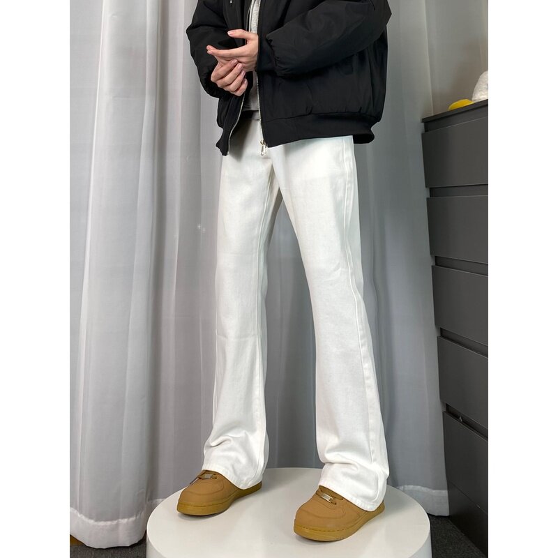 夏季白色微喇牛仔裤男cleanfit美式高街加长宽松直筒喇叭休闲裤子