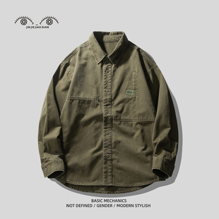 复古山系橄榄军绿色潮牌纯棉休闲外套男士秋装日系工装夹克男美式